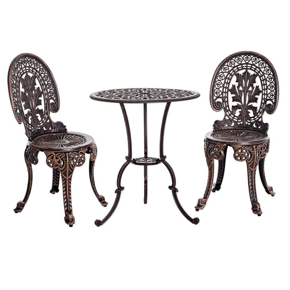 Gardeon 3PC outdoor bistro set with ornate metal chairs and round table, affordable garden furniture for DIY enthusiasts.