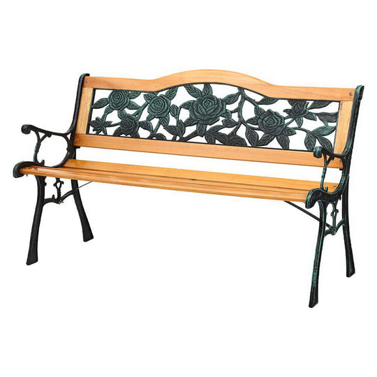 Gardeon outdoor garden bench with rose pattern backrest and hardwood seat, perfect for affordable patio seating.