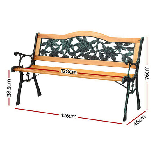 Gardeon 126cm outdoor garden bench with rose pattern backrest, wooden seat, and sturdy cast iron frame. Affordable patio furniture.