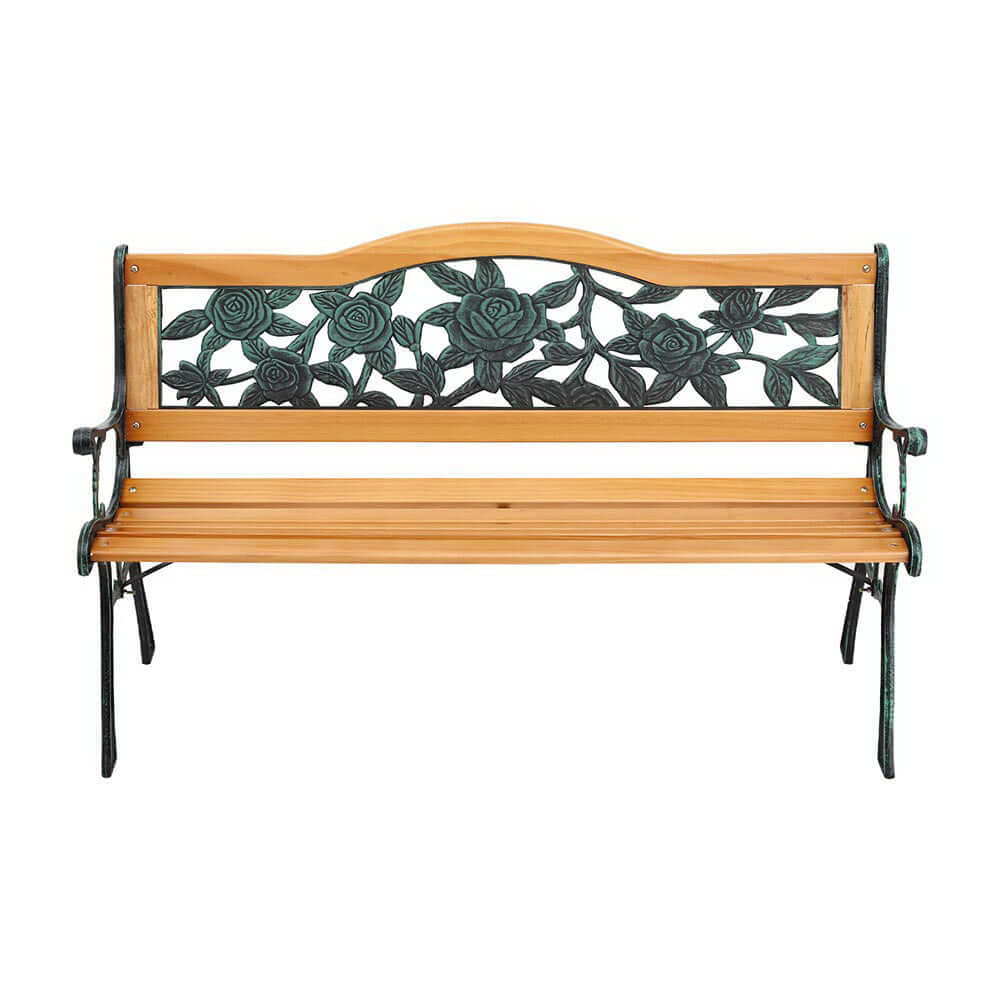 Gardeon outdoor garden bench with wooden seat and rose-patterned cast iron backrest, perfect for patio seating.