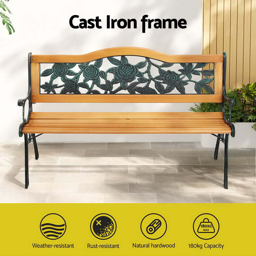 Gardeon 126cm outdoor garden bench with cast iron frame, hardwood seat, and elegant rose-pattern backrest.