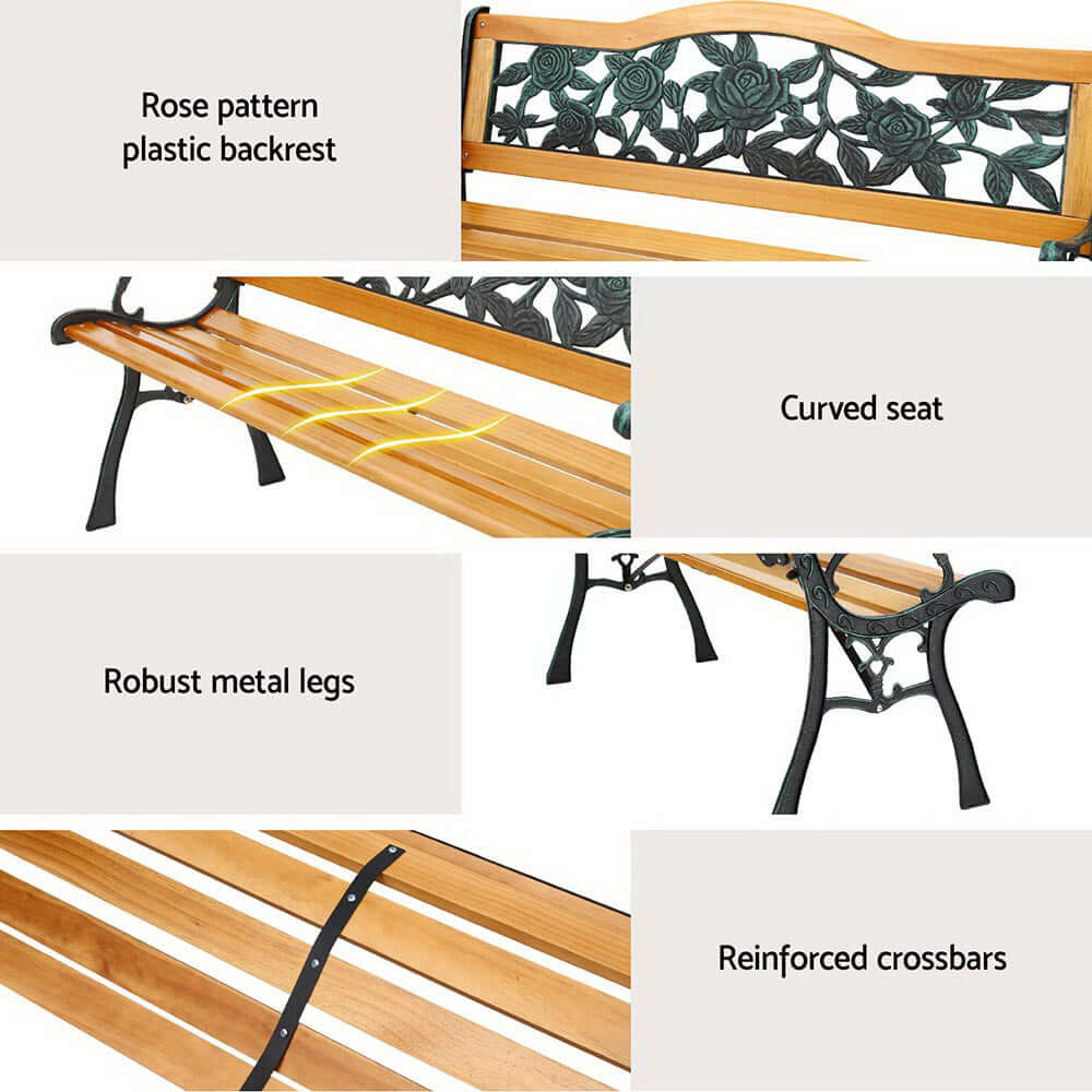 Gardeon Outdoor Garden Bench features a rose pattern backrest, curved hardwood seat, robust metal legs, and reinforced crossbars.