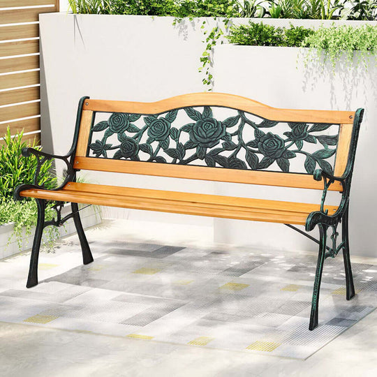 Gardeon outdoor garden bench seat with rose pattern backrest, ideal for affordable and stylish patio furniture.