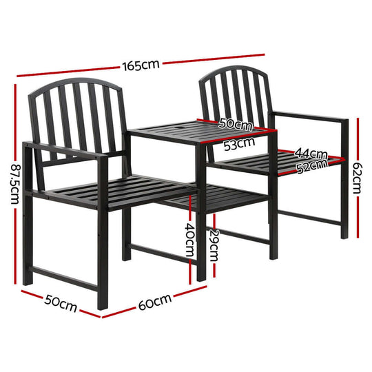 Dimensions of Gardeon Outdoor Garden Bench Seat Loveseat with table, showing black steel structure and seating areas.