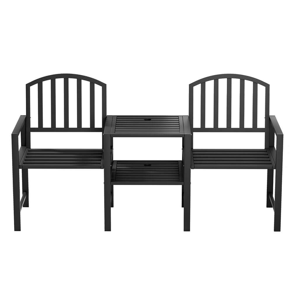 Gardeon outdoor garden bench seat with table, black steel, modern rustic style, affordable patio furniture for DIY lovers.