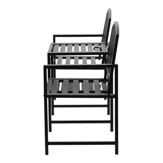 Gardeon outdoor garden bench with two black steel armchairs and adjoining table, perfect for patios.