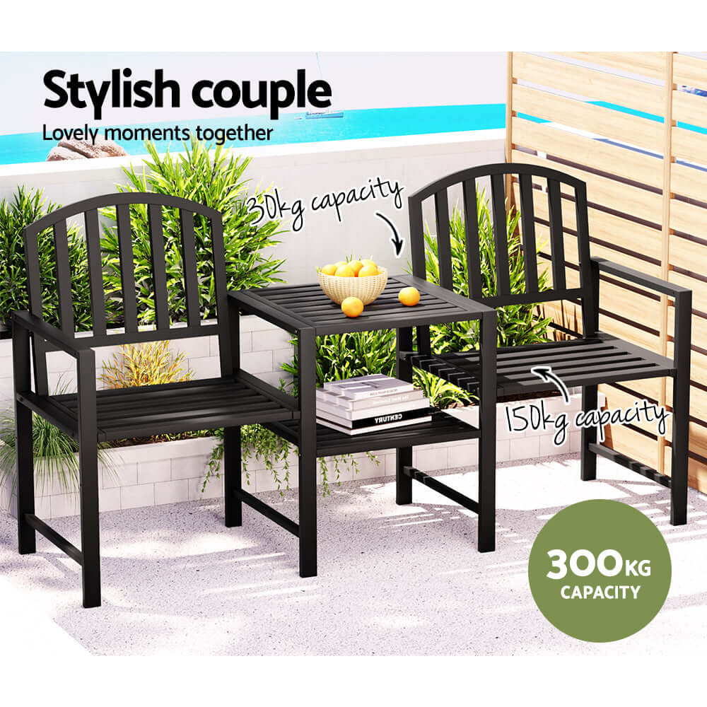 Gardeon black steel garden loveseat with table, perfect for outdoor relaxation and gatherings. Affordable and quality patio furniture.