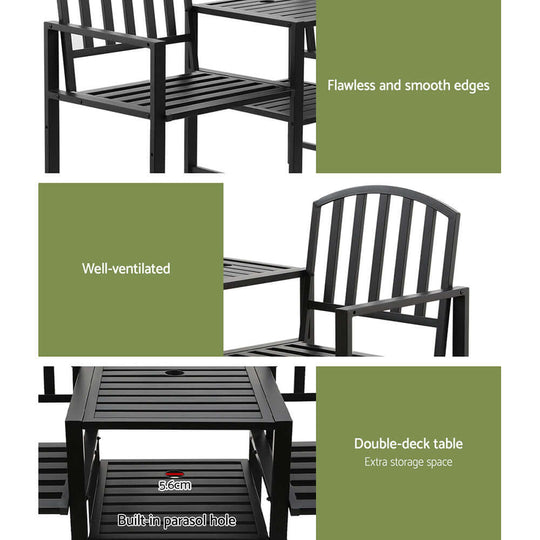 Gardeon outdoor garden bench features smooth edges, ventilation, and a double-deck table with a parasol hole for luxury seating.