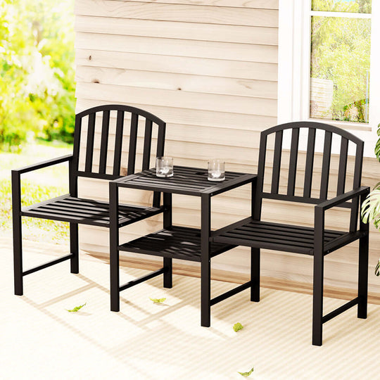 Gardeon affordable black steel outdoor garden bench seat loveseat with table, perfect for DIY patio furniture.