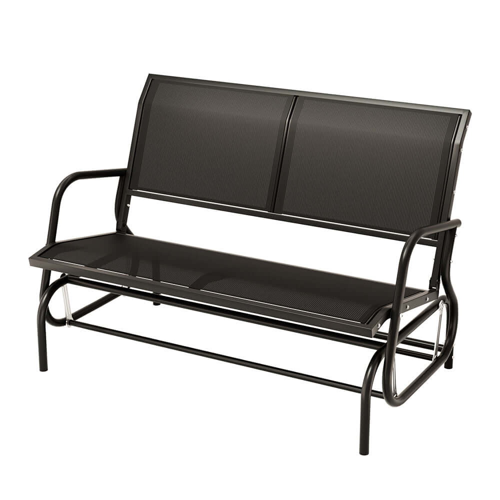 Gardeon black two-seater garden bench glider, affordable outdoor patio furniture for comfort and relaxation.