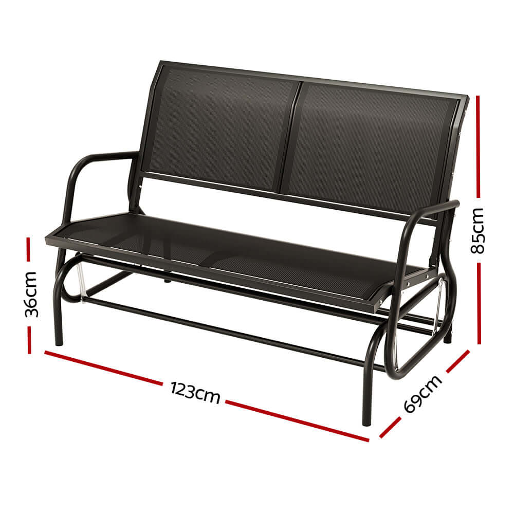 Gardeon outdoor garden bench seat swing glider dimensions, black 2-seater patio furniture, affordable and durable.