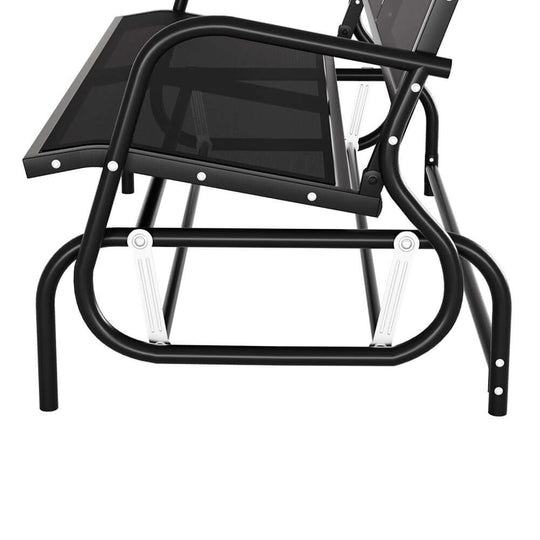 Gardeon outdoor garden bench swing glider side view, showcasing sturdy black frame and smooth rocking design.