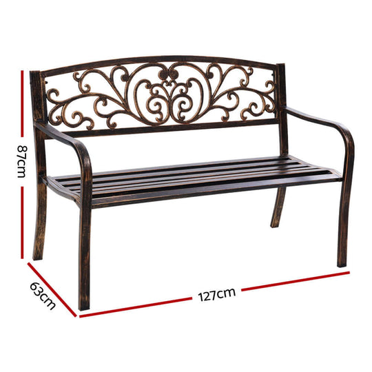 Gardeon 3-seater garden bench with ornate design, bronze finish, dimensions 127cm x 63cm x 87cm, perfect for outdoor spaces.