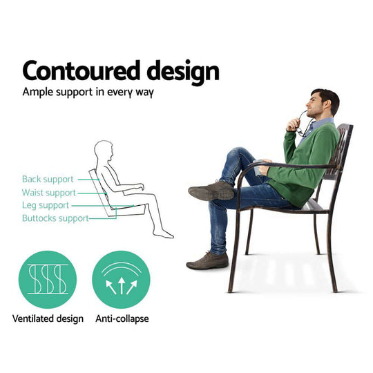 Illustration of contoured garden bench design, showing support areas for back, waist, leg, and buttocks with ventilation features.