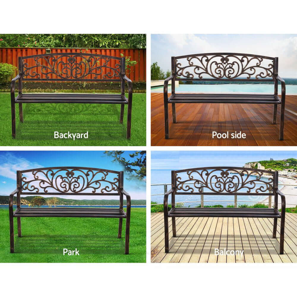 Gardeon 3-seater garden bench displayed in backyard, poolside, park, and balcony settings. Affordable and elegant outdoor furniture.