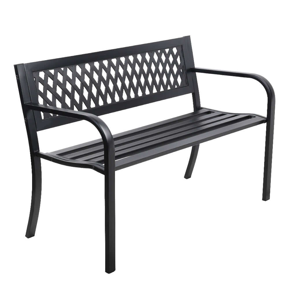 Gardeon black steel garden bench seat for outdoor furniture, 2 seater, stylish and weather-resistant design.