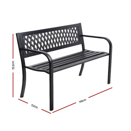 Gardeon 2 Seater Garden Bench in black with dimensions, stylish and affordable outdoor furniture for parks.