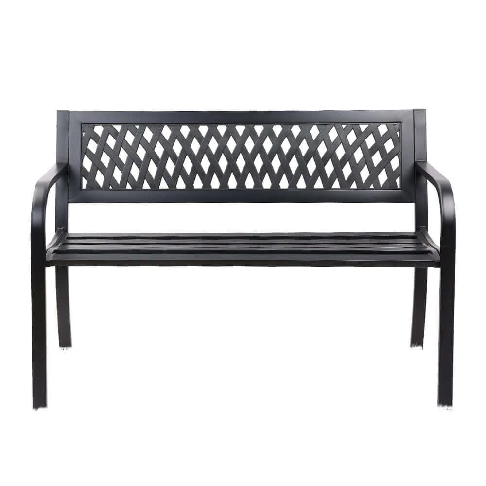 Gardeon black steel outdoor garden bench, 2-seater with classic lattice design, ideal for parks and DIY outdoor spaces.