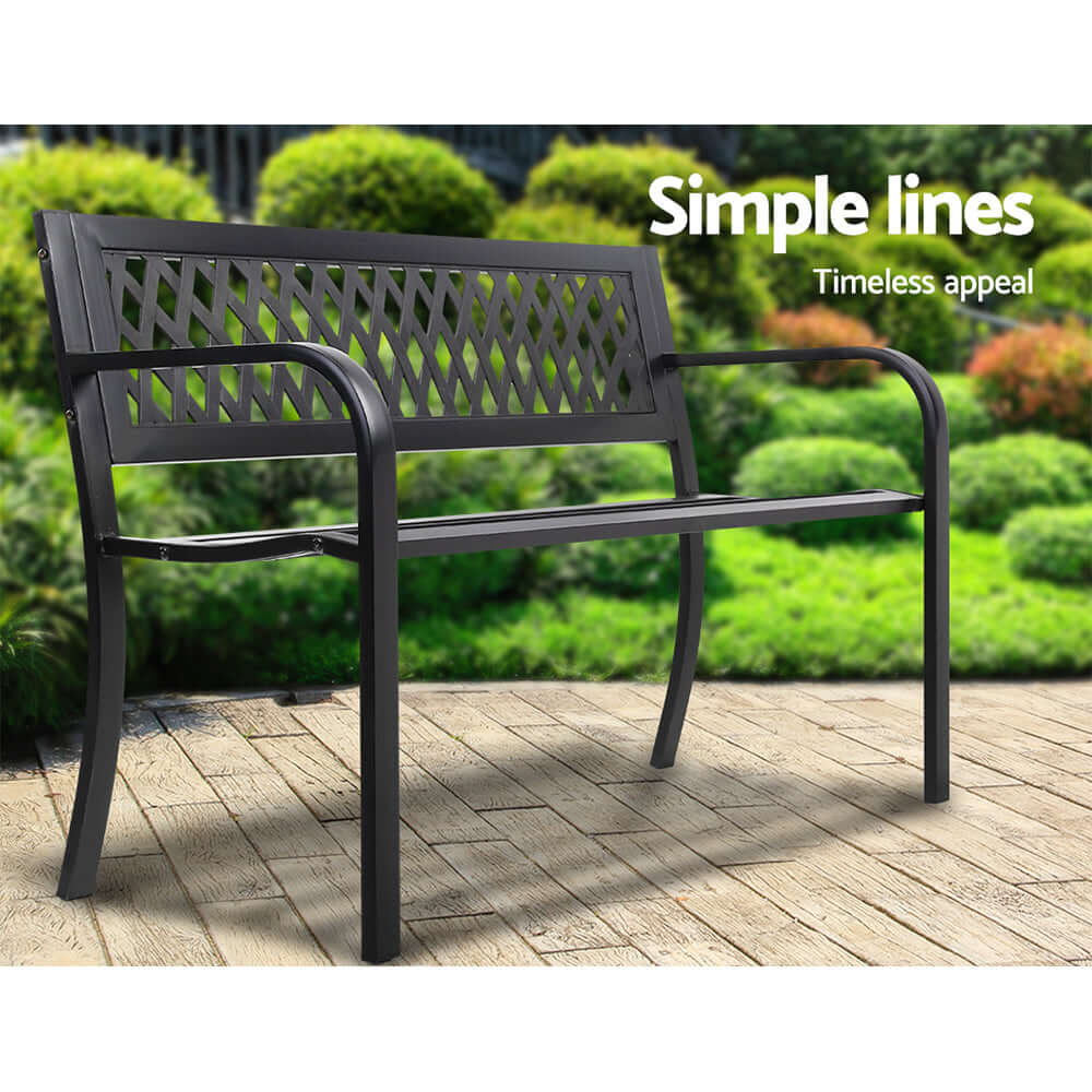 Gardeon black steel garden bench with simple lines, ideal for outdoor spaces and affordable DIY furniture.