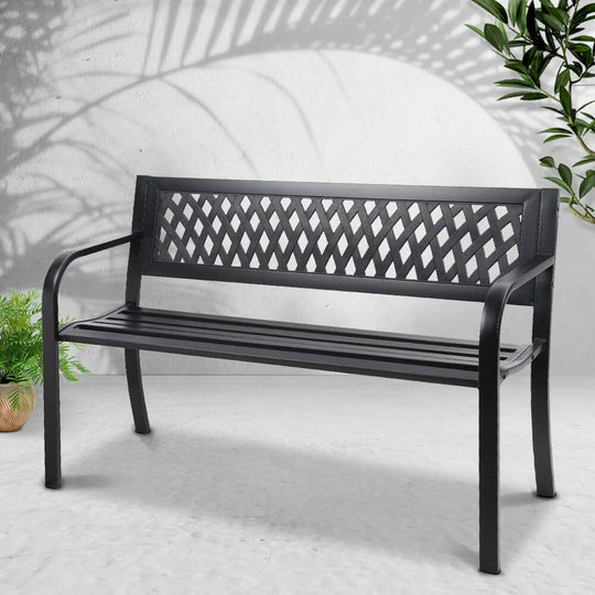 Gardeon black steel garden bench, affordable outdoor furniture for two, stylish and weather-resistant design.