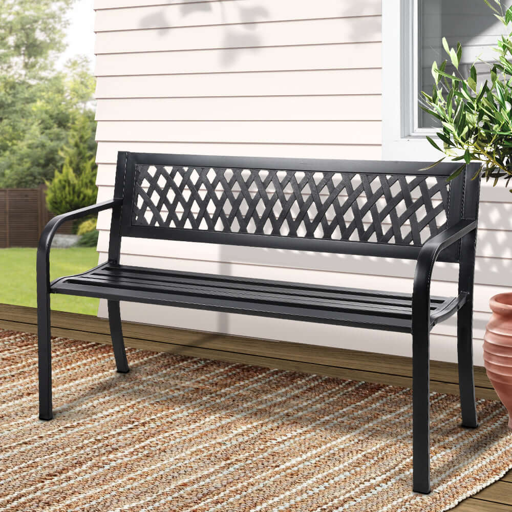 Gardeon outdoor garden bench seat, black steel 2 seater, stylish and weather-resistant for any garden.