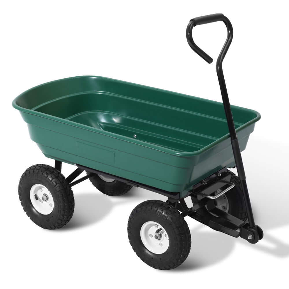 Affordable green garden dump cart with durable wheels for versatile DIY landscaping and outdoor projects.