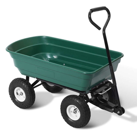 Gardeon 75L Garden Dump Cart in green, rugged design, ideal for transporting soils and tools, supports up to 270kg.