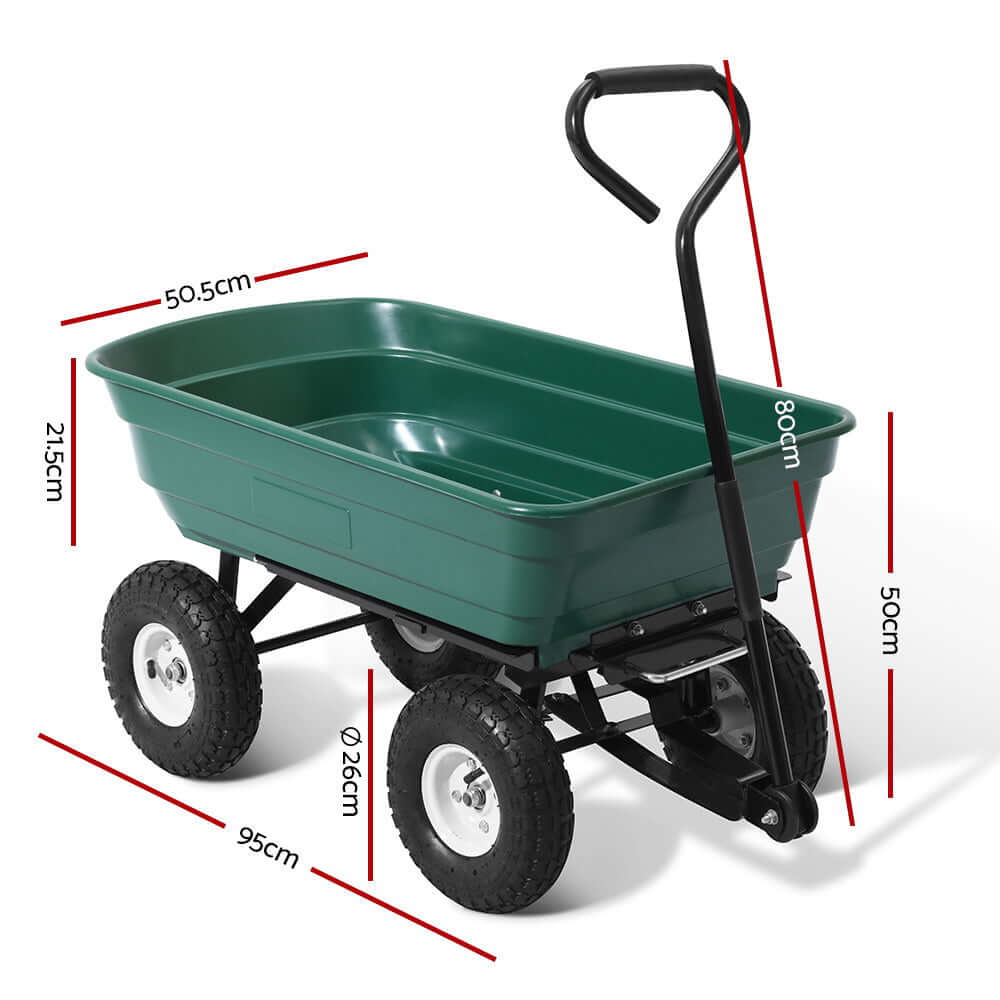 Gardeon garden cart dump trailer with green bed, 270kg capacity, designed for easy transport of soil, plants, and tools.