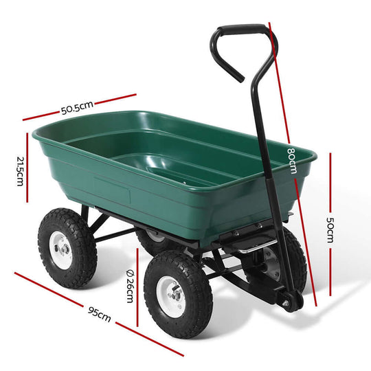 Gardeon 75L Garden Dump Cart with measurements, 270kg capacity, black handle, green tub, and durable wheels for DIY projects.