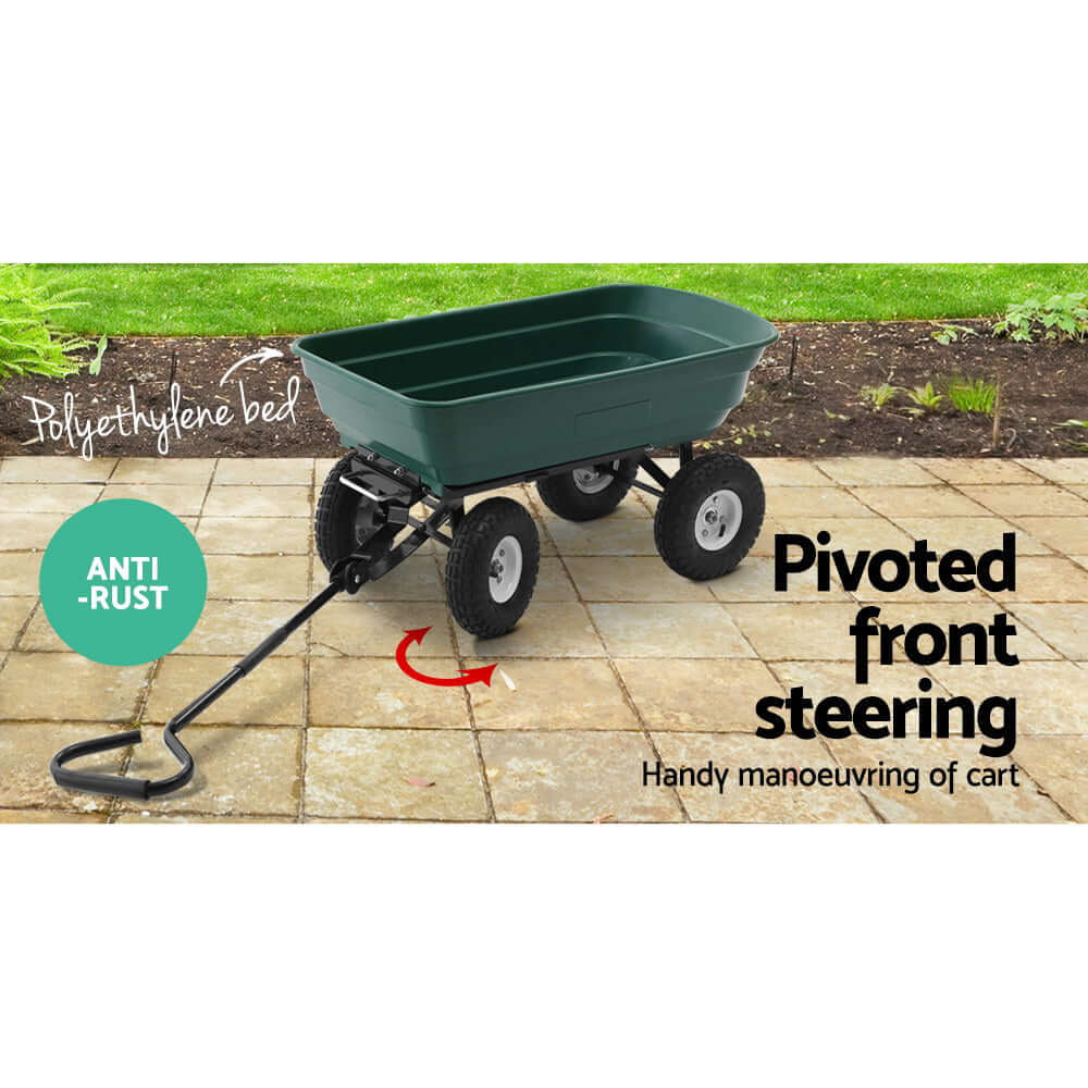 Gardeon Garden Cart with pivoted front steering and anti-rust polyethylene bed for easy maneuvering and durable transport.