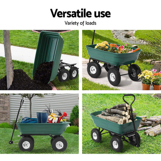 Gardeon garden dump cart showcasing versatile use for transporting plants, soil, and tools in a green, durable design.