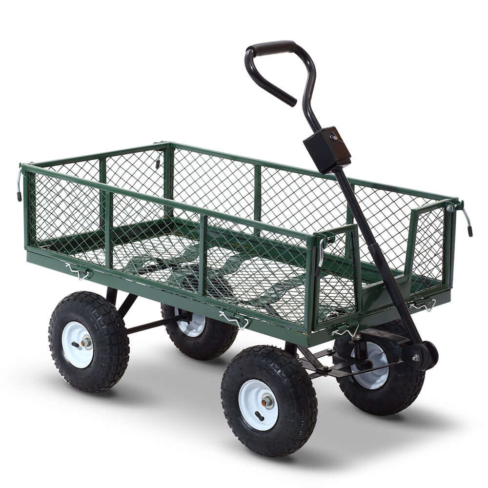 Gardeon green mesh garden steel cart with robust wheels, ideal for transporting and storing supplies, DIY-friendly, affordable quality.