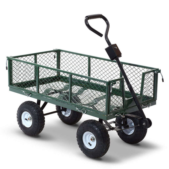 Gardeon green mesh garden steel cart with robust wheels, ideal for transporting and storing supplies, DIY-friendly, affordable quality.