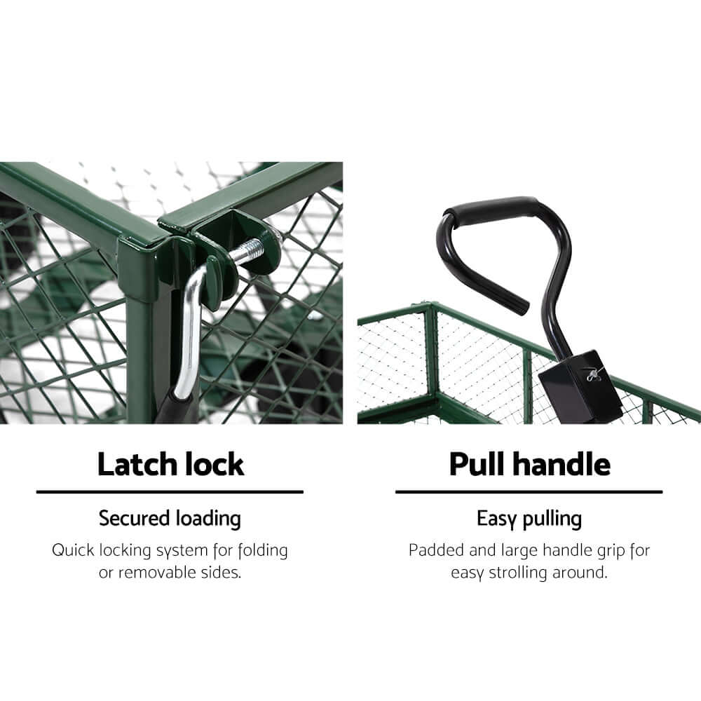 Features of Gardeon Mesh Garden Steel Cart: latch lock for secured loading and pull handle for easy transport.