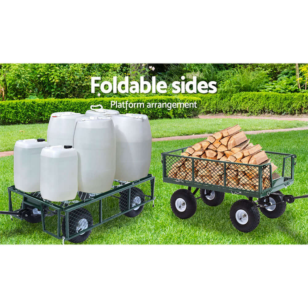 Gardeon garden steel cart with foldable sides, transporting barrels and firewood in a lush green outdoor setting.