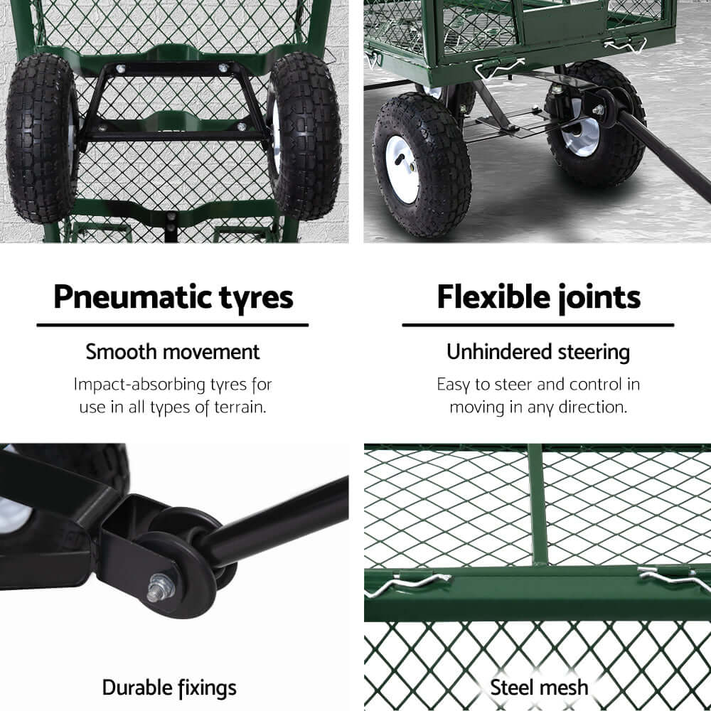 Gardeon mesh garden steel cart features pneumatic tyres for smooth movement and flexible joints for easy steering.