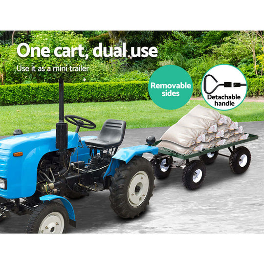 Gardeon Mesh Garden Steel Cart attached to tractor, showcasing dual-use as mini trailer for easy transport.