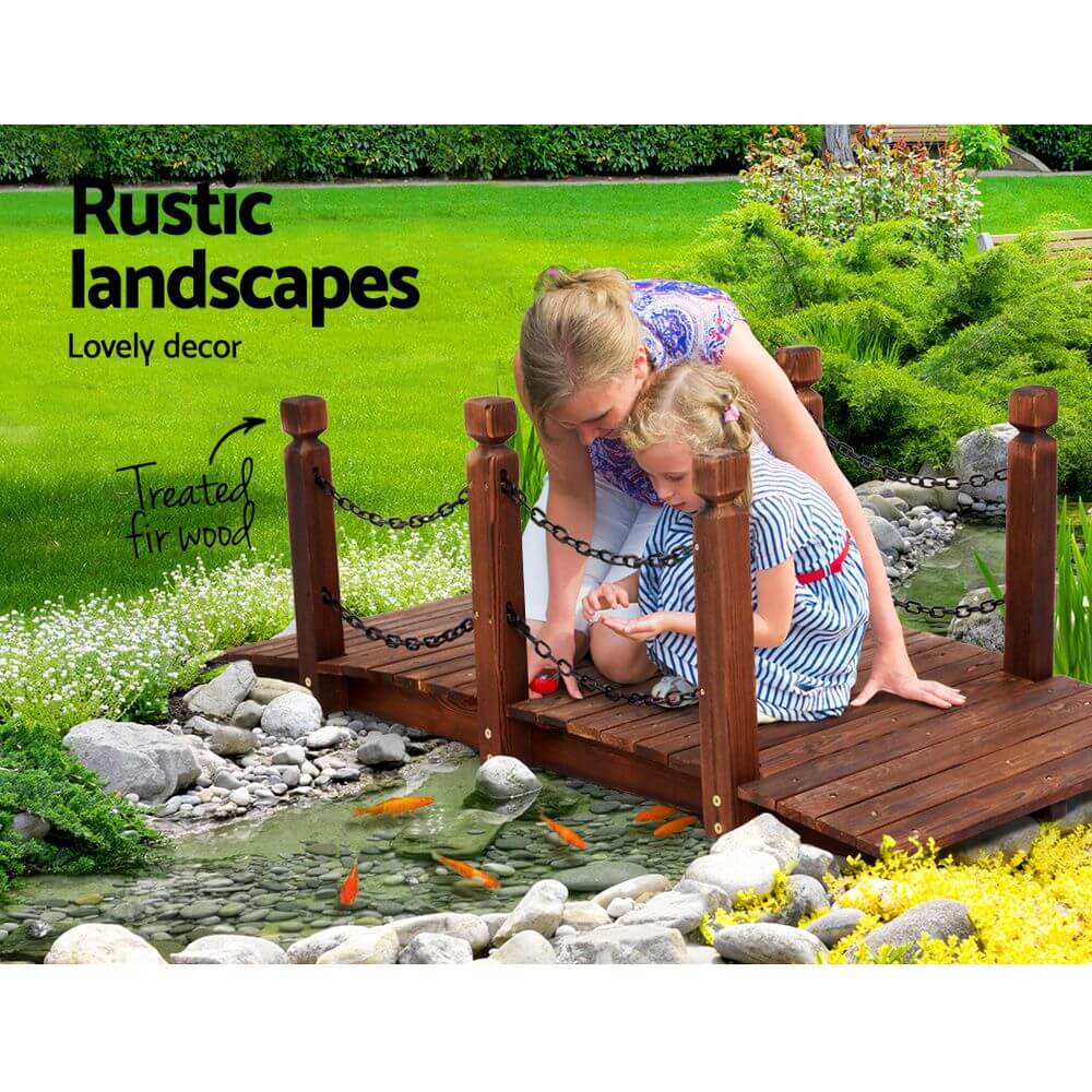 Children enjoying a rustic wooden garden bridge featuring treated fir wood, enhancing outdoor landscapes.