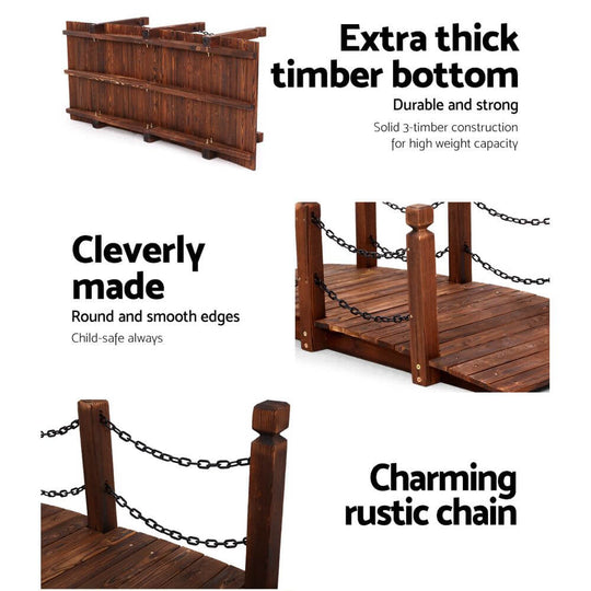 Gardeon wooden garden bridge showing extra thick timber construction, clever design, and charming rustic chain.