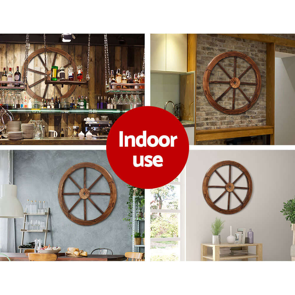 Gardeon Wooden Wagon Wheel displayed indoors, enhancing rustic charm in various home styles.