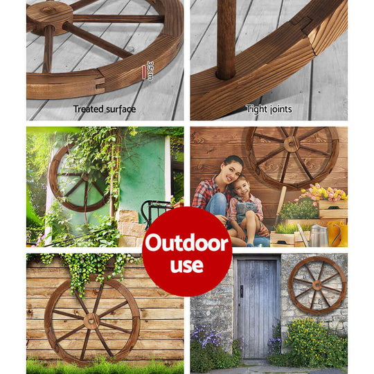 Gardeon Wooden Wagon Wheel showing treated surface and tight joints, perfect for outdoor decoration in rustic style.