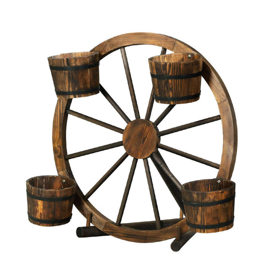 Gardeon wooden garden wheel planter stand with four flower pots, adding rustic charm to outdoor spaces.