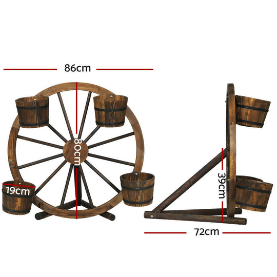 Gardeon wooden garden wheel with five buckets, dimensions: 86cm width, 80cm height, perfect for affordable, quality garden decor.