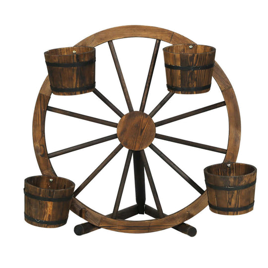 Gardeon wooden garden wheel plant stand with four planter buckets, rustic style garden decor, affordable quality DIY ornament.