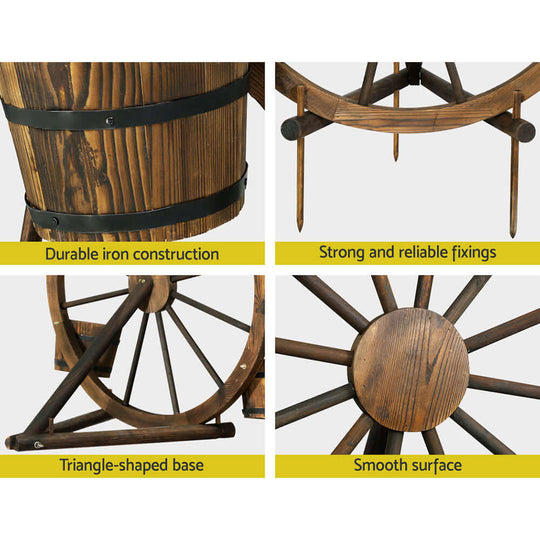 Durable iron construction and strong fixings of Gardeon wooden wagon wheel garden decor with triangle base.