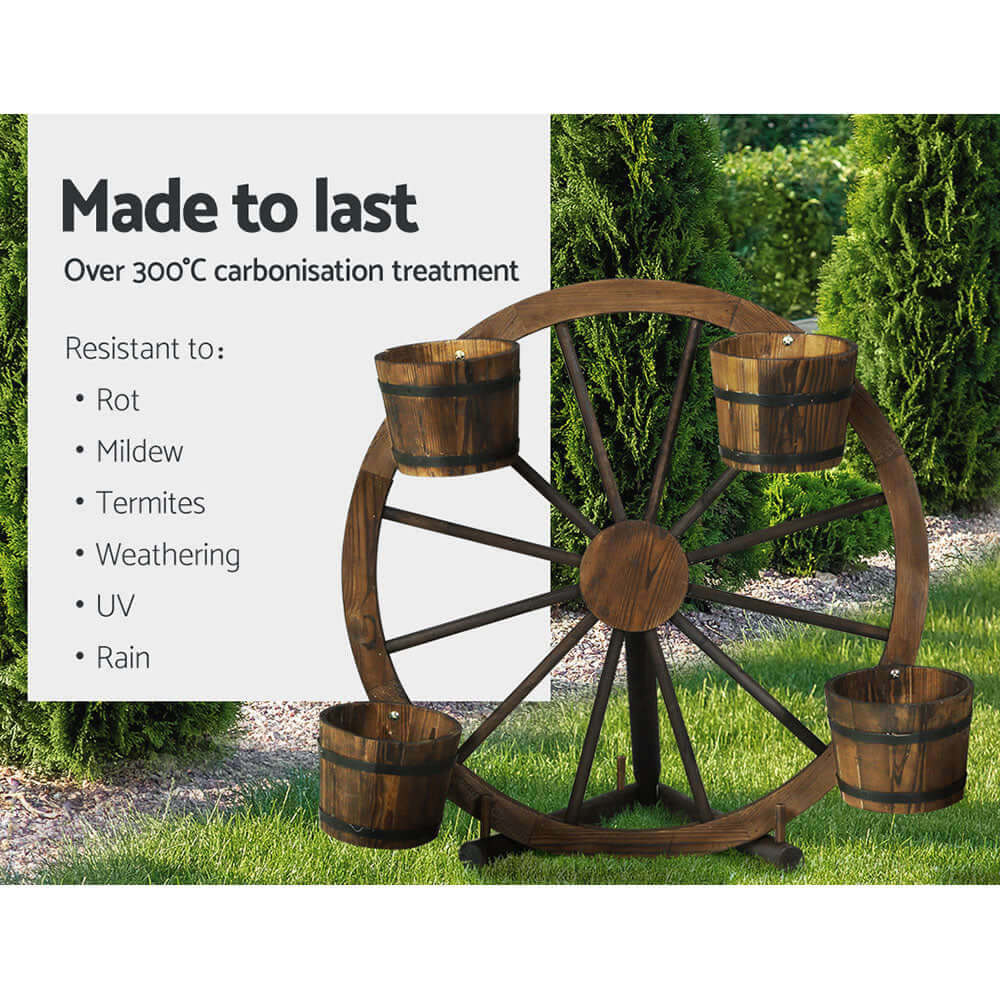 Gardeon wooden garden wheel with planters, resistant to rot, mildew, UV, and weathering, showcasing durability and quality.