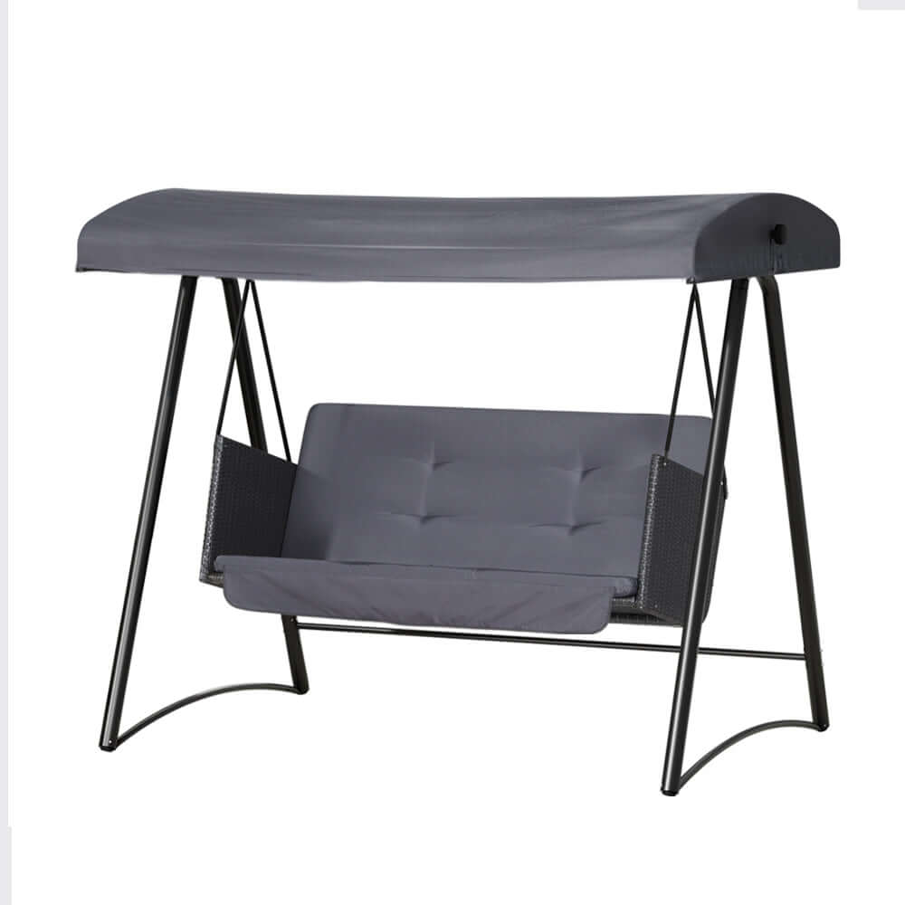 Gardeon Outdoor Swing Chair in grey with canopy, 3-seater rattan design for backyard relaxation.