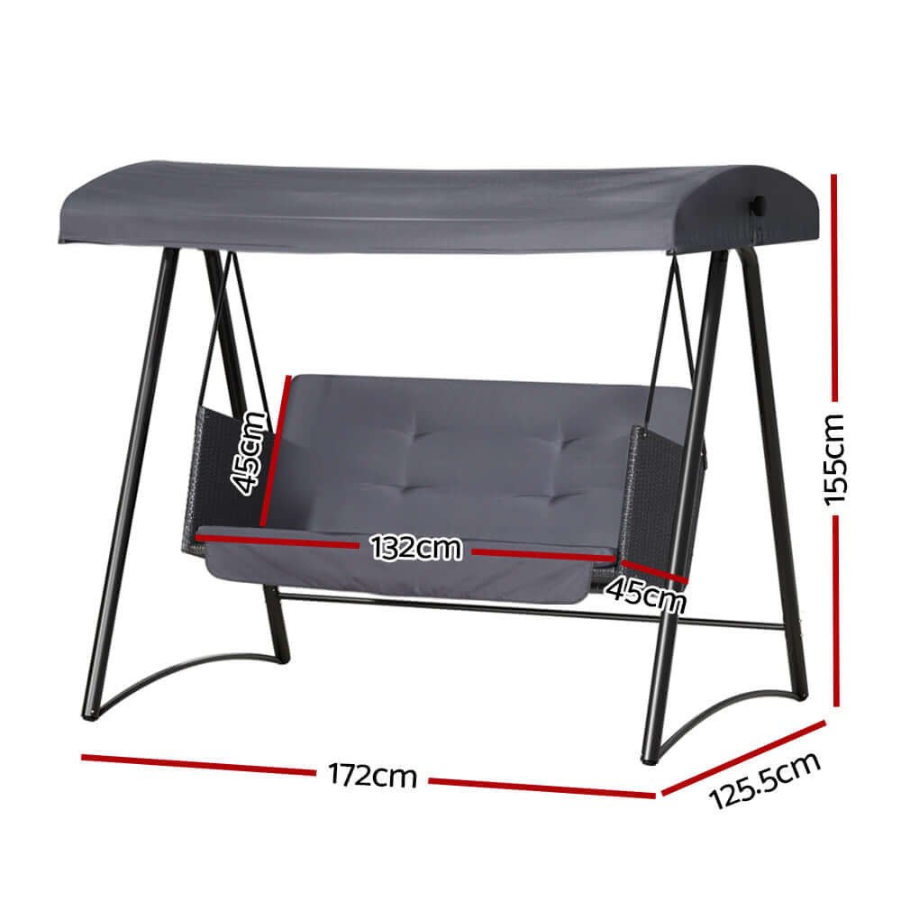 Gardeon 3-seater outdoor swing chair with canopy, grey rattan design, dimensions shown for backyard relaxation.