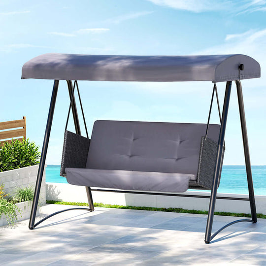 Gardeon outdoor swing chair with canopy in grey, perfect for relaxing or entertaining in your garden.