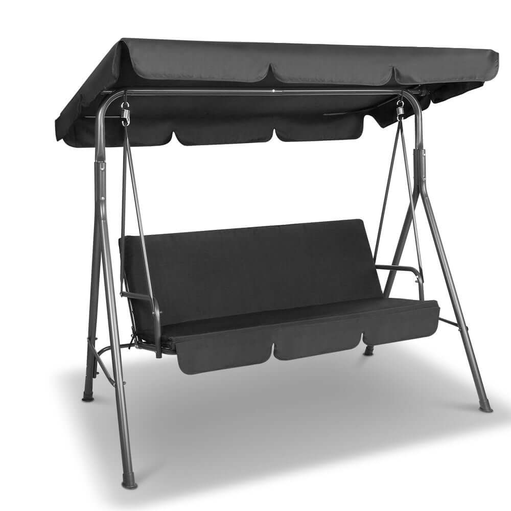 Gardeon outdoor swing chair garden bench with canopy, 3 seater in black for affordable luxury and comfort.